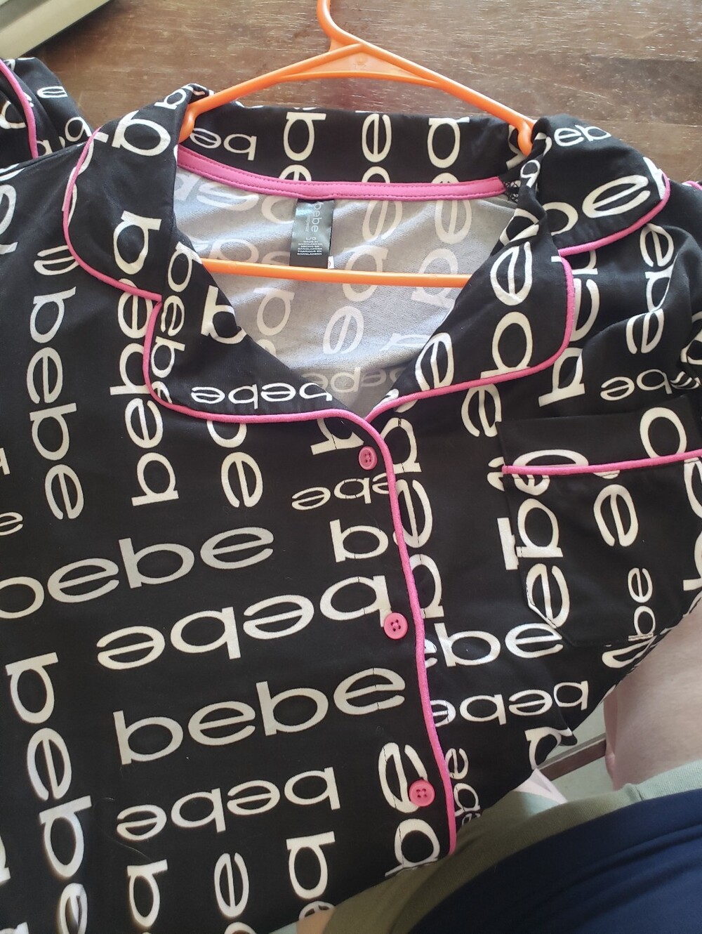 New With Tag BEBE Black, White Large Button-Down Shirt Pajame Set with Pink Trim